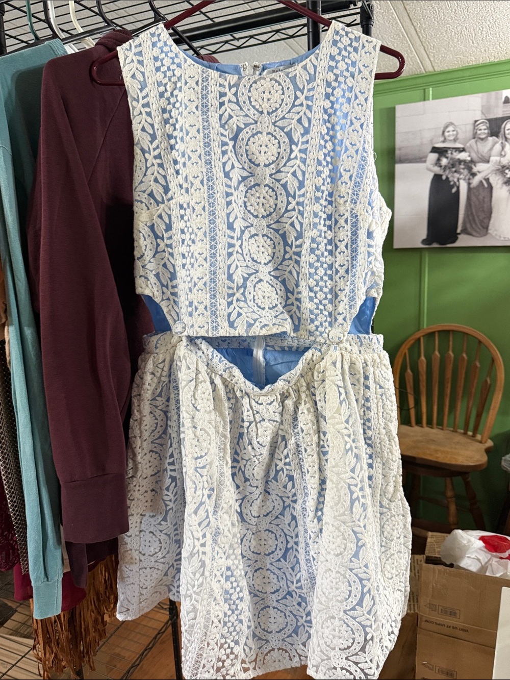 Esley Blue Dress with White Lace Overlay for women